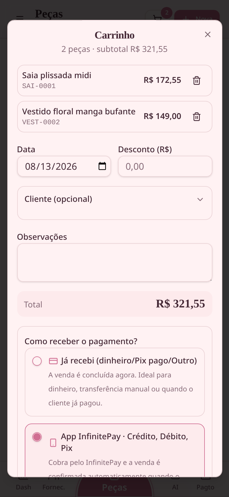 Carrinho de venda com duas peças, data, desconto e cliente