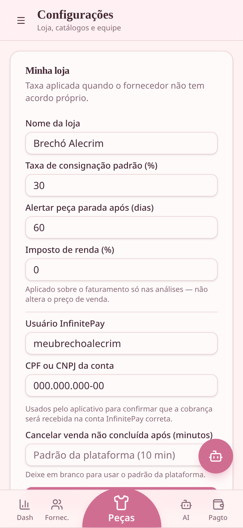 Tela de Configurações do Meu Brechó com os campos de usuário InfinitePay e CPF/CNPJ