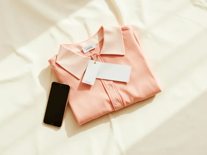 Peça de roupa dobrada com etiqueta de preço ao lado de um celular
