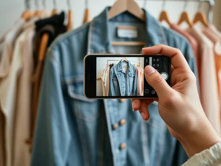 Pessoa fotografando uma jaqueta jeans para publicar no Instagram