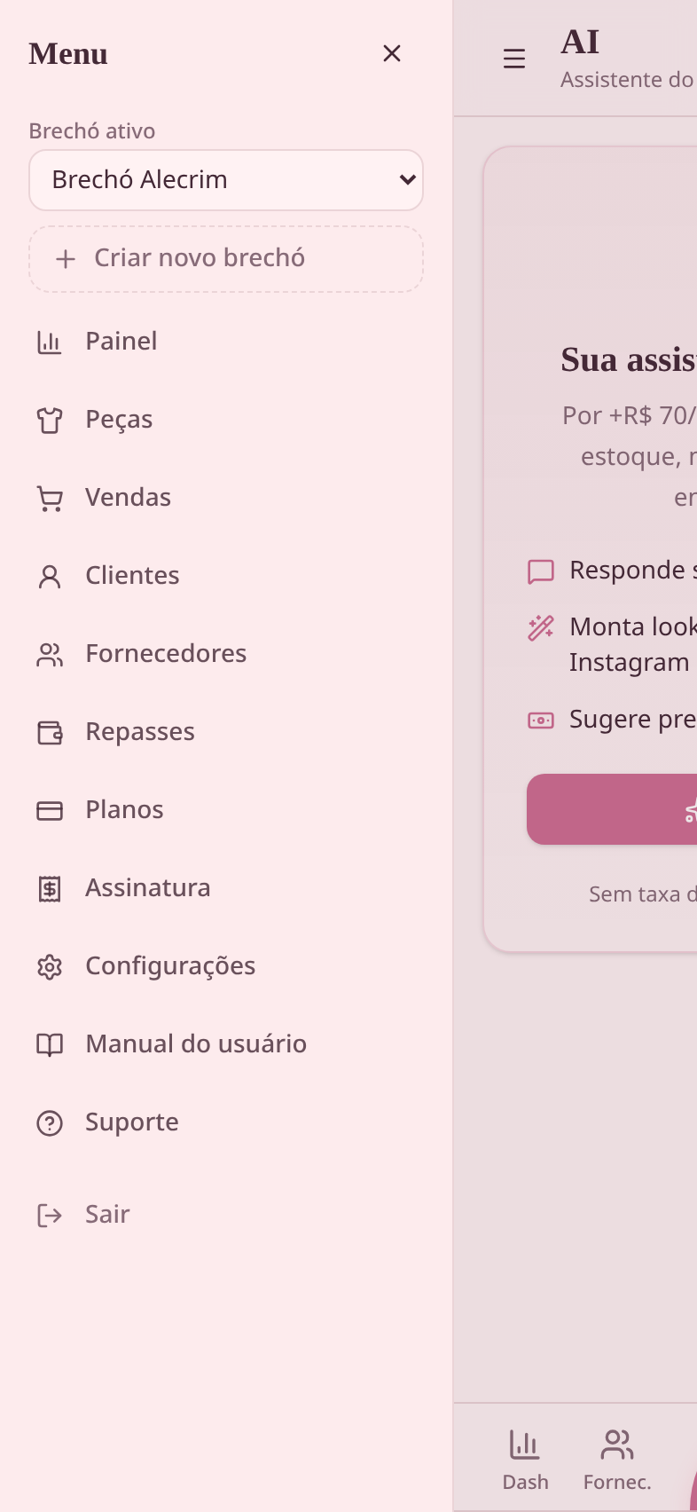 Menu do Meu Brechó com todas as seções do app