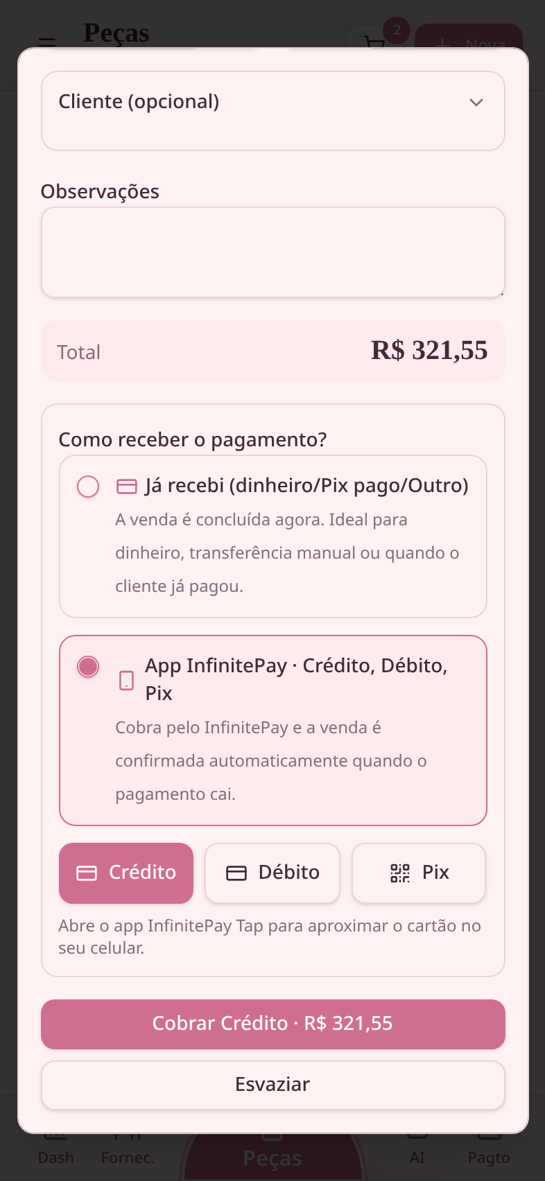 Escolha da forma de recebimento no carrinho com App InfinitePay e as opções Crédito, Débito e Pix