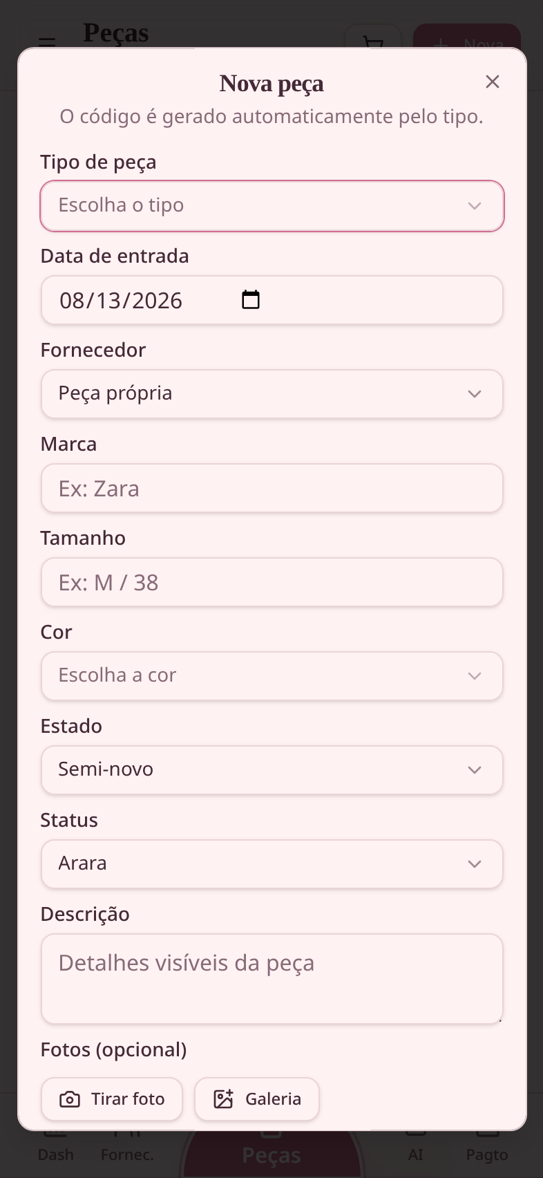 Tela de cadastro de nova peça no Meu Brechó