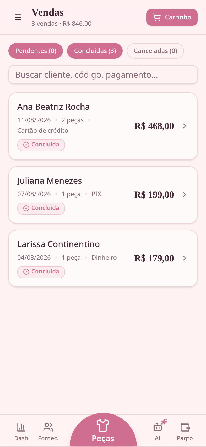 Histórico de vendas do brechó com filtros e status